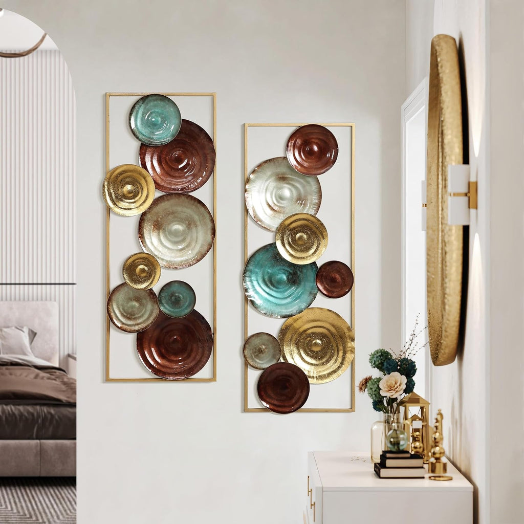 LuxenHome Metal Wall Art, Set of 2 Modern Multi-Color Gems Abstract Wall Decor Panels with Frame, 35' Hanging Sculptures Decor for Living Room, Metal Artwork Accent for Bedroom Dining Room Office