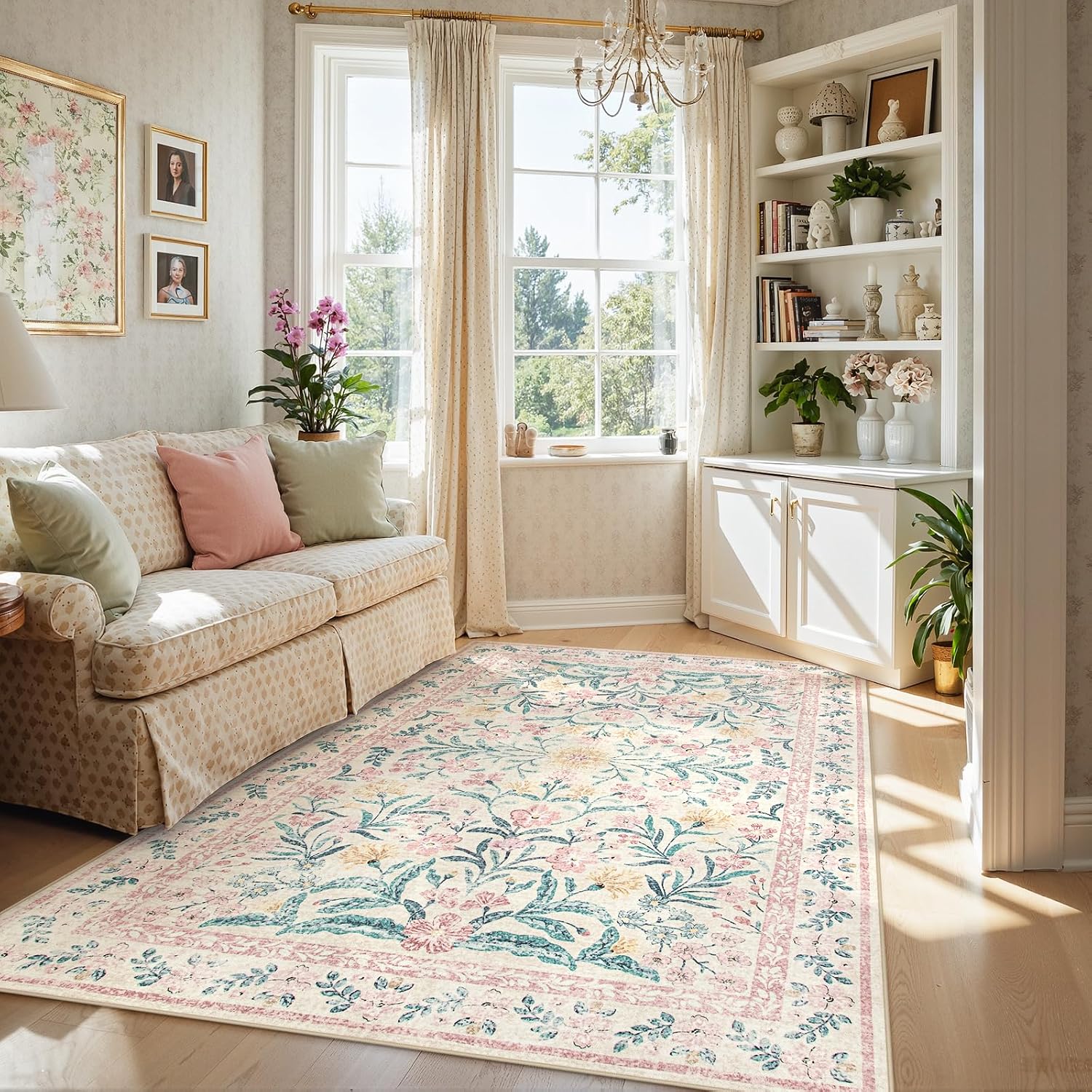 Lahome Sylvie 6x9 Pink Rug for Girls Bedroom, Boho Cottage Core Floral Dorm Classroom Rug, Soft Low Pile Girl Nursery Decor for Living Room Kids Playroom Guestroom, Blush
