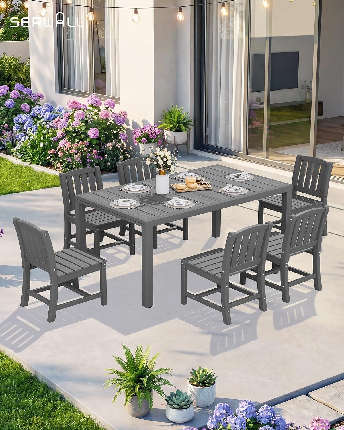 SERWALL 7-Piece Outdoor Dining Set, 60' - 83' Expandable Outdoor Dining Table and 6 HDPE Chairs, All Weather HDPE Outdoor Furniture Set for Backyard, Garden, Grey