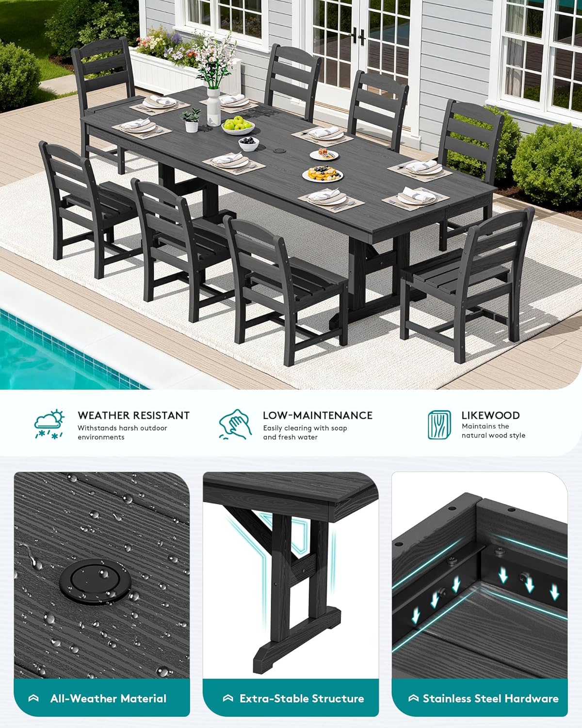 SERWALL 9 Piece Outdoor Dining Set, 84' HDPE Outdoor Table and Armless Chairs Set for 8，All Weather Patio Furniture Set with Umbrella Hole for Backyard, Garden, Black