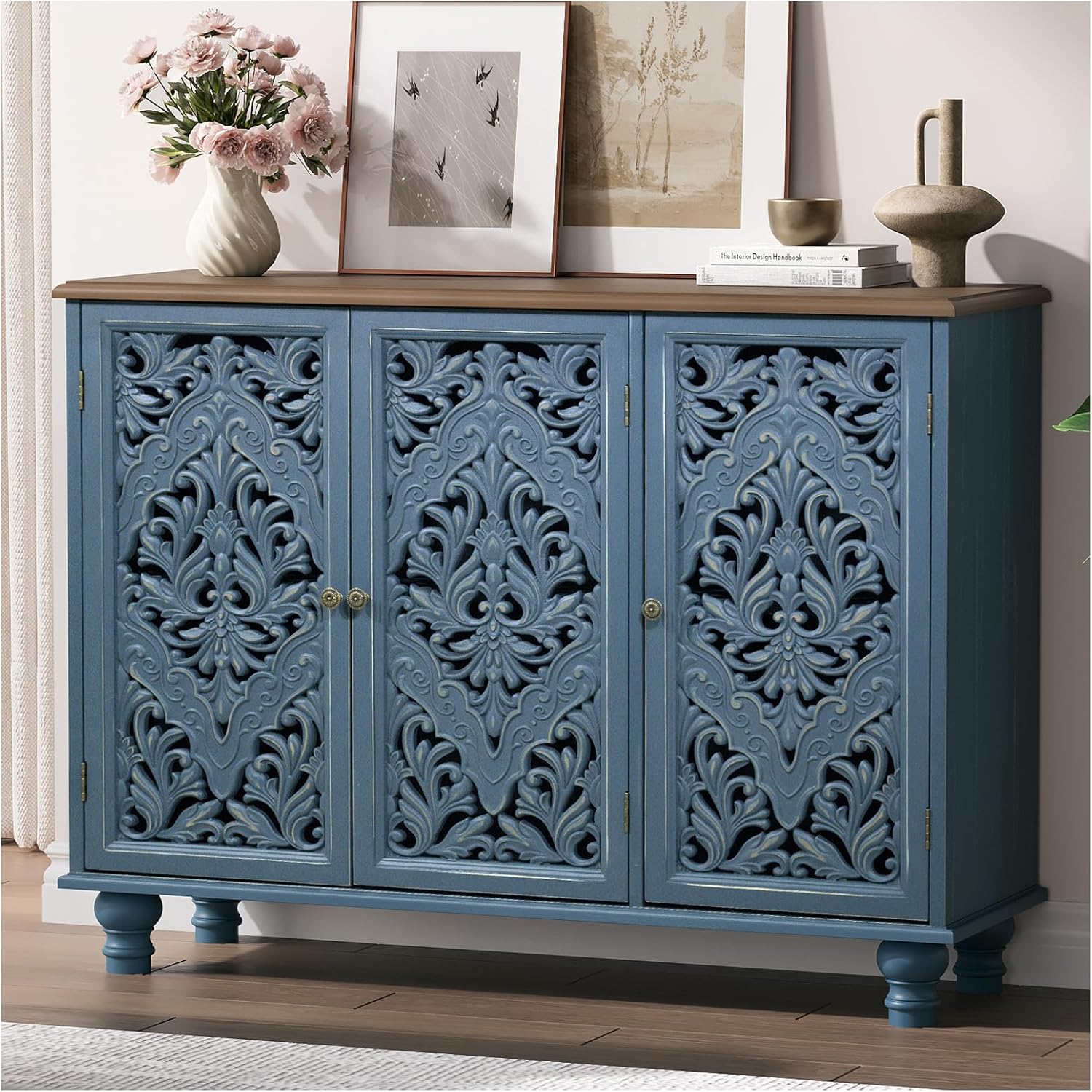 JOINICE Accent Cabinet with 3 Carved Doors, Distressed Sideboard Buffet with Storage & Solid Wood Legs, 43' Vintage Console Table for Living Room,Entryway,Coffee Bar,Hallway(Blue & Walnut)