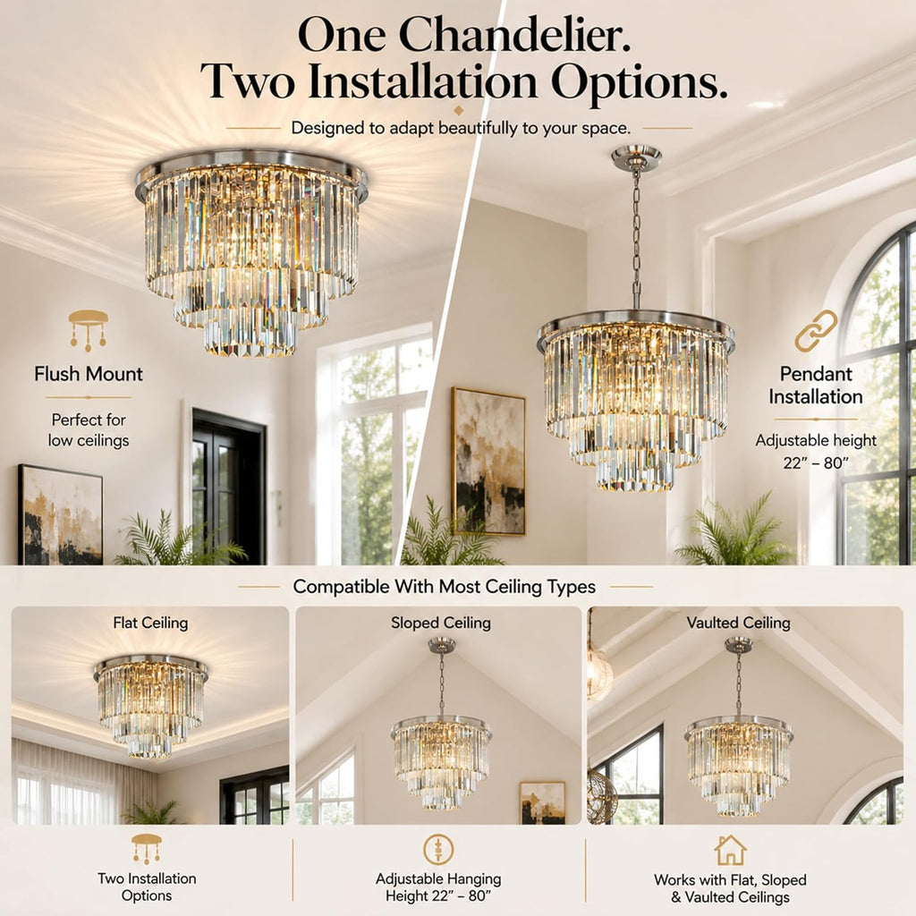 ALOADECOR 6-Light Modern Satin Nickel 3-Tier Round Fringe Crystal Chandelier Chrome Finish Frame Close to Ceiling Dual-Use Light for Dining Room Living Room W 20'