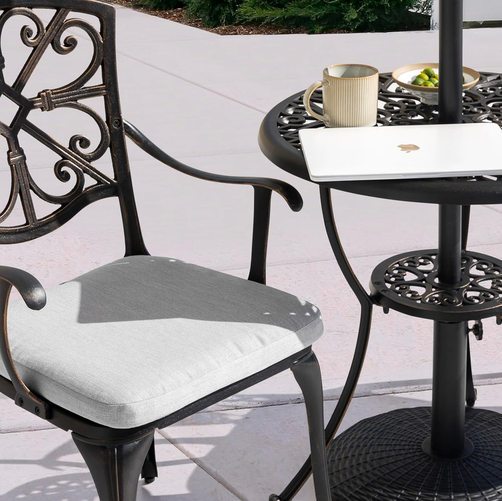 NUU GARDEN Bistro Set 3 Piece Outdoor Cast Aluminum Patio Table and Chairs Set of 2 with Umbrella Hole and Grey Cushions for Backyard, Balcony, Lawn, Black