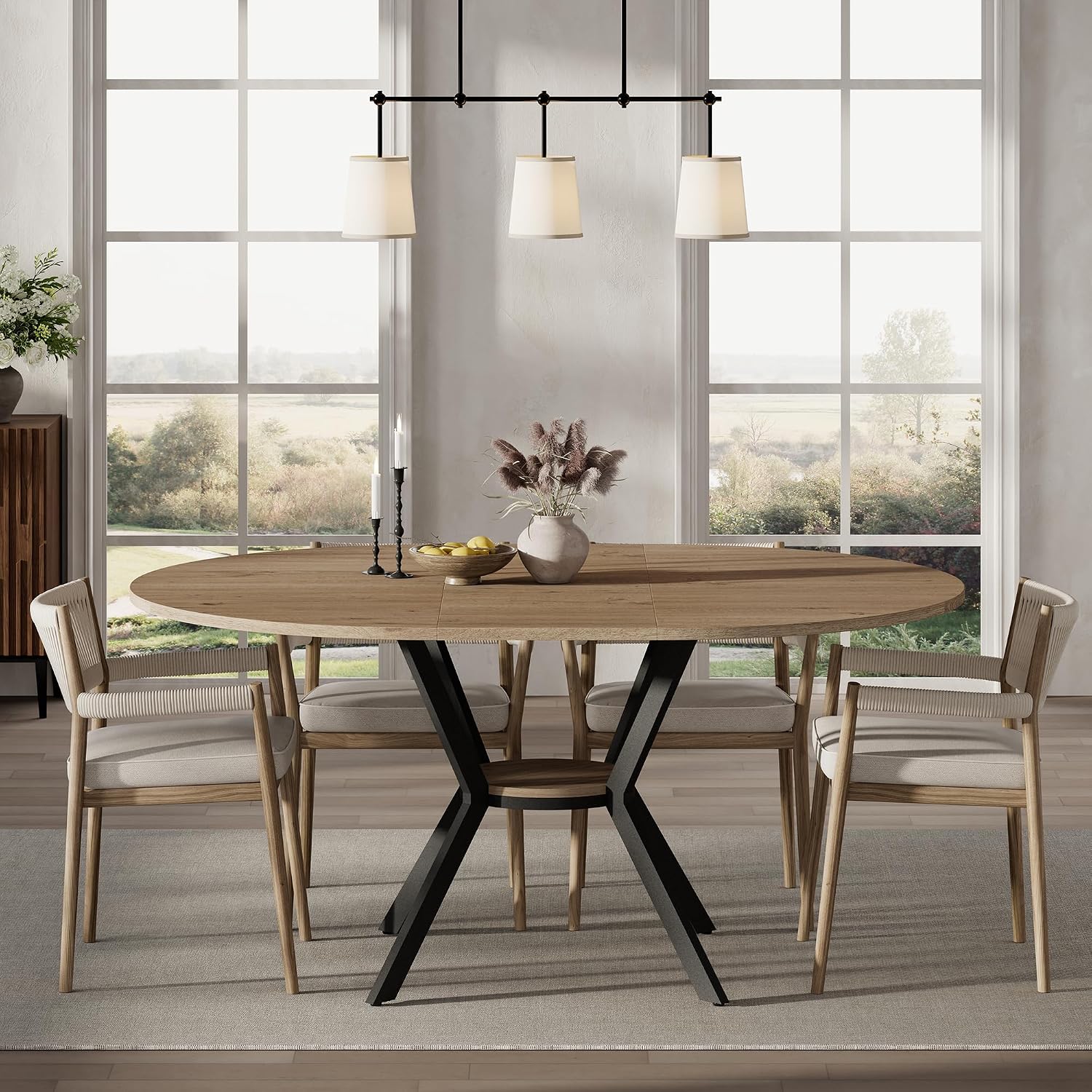 42'-58' Extendable Round Dining Table with Built-in Flip Leaf, Modern Oval Kitchen Table for 4-6, Space-Saving Small Room Furniture with Storage Shelf and X-Shaped Metal Base