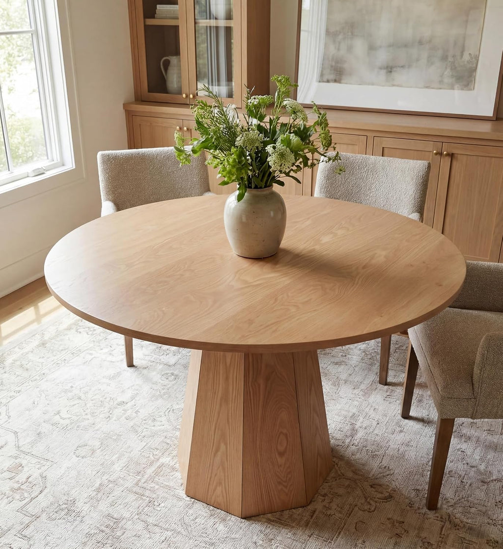 BESTANO 39' Round Solid Wood Dining Table for 4-5 People, Modern Pedestal Dining Kitchen Table, Farmhouse Small Wood Dining Table for Kitchen Easy Assemble, Saving Space, Brown