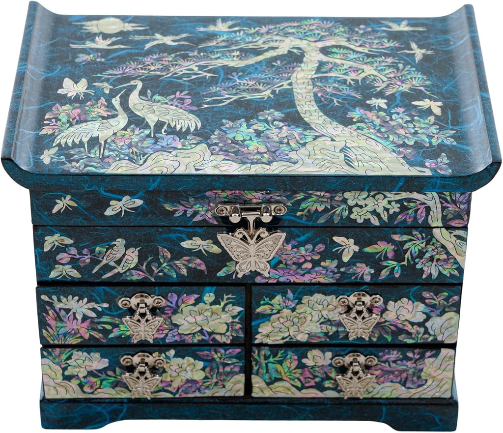 February Mountain Elegant Mother of Pearl Jewelry Box – Handcrafted Wooden Chest with Intricate Butterfly and Crane Designs, 4 Drawer Storage, and Red Velvet Interior – Ideal Gift for Women