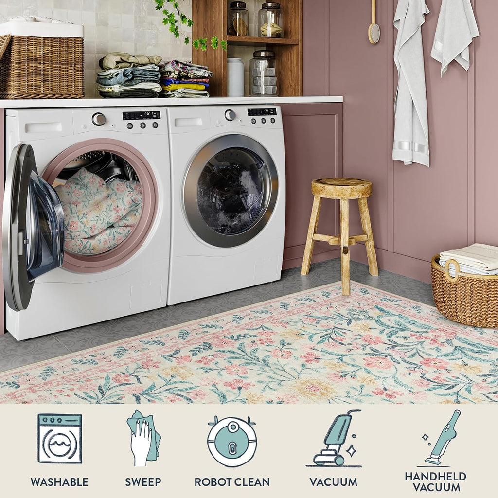 Lahome Sylvie 6x9 Pink Rug for Girls Bedroom, Boho Cottage Core Floral Dorm Classroom Rug, Soft Low Pile Girl Nursery Decor for Living Room Kids Playroom Guestroom, Blush