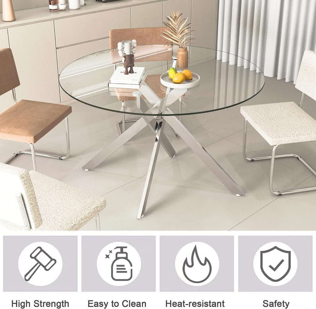 47.25' Round Dining Table for 6, Modern Clear Glass Kitchen Table for 6 with Silver X Metal Legs, Contemporary Small Circle Dining Room Leisure Tables for Kitchen Apartment