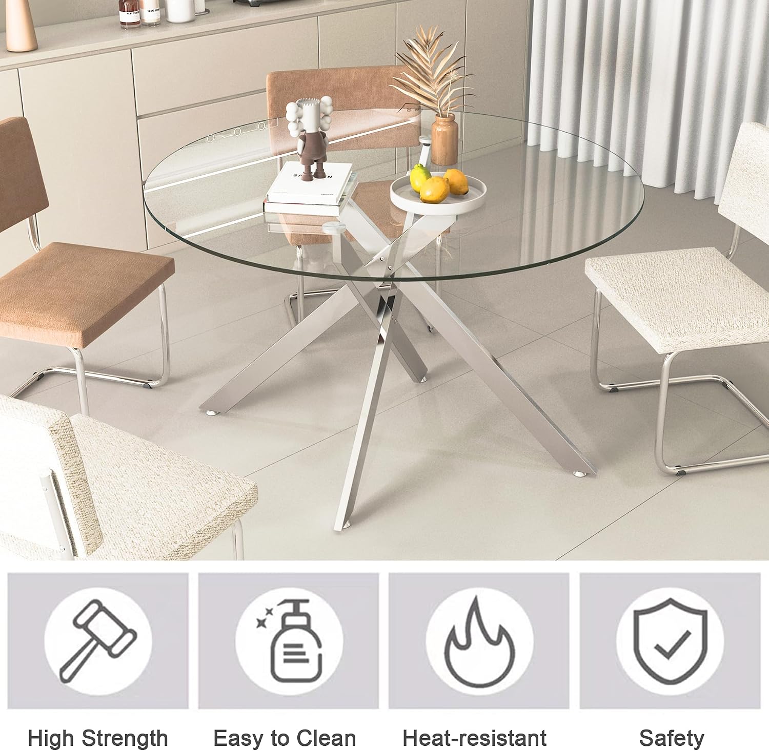 47.25' Round Dining Table for 6, Modern Clear Glass Kitchen Table for 6 with Silver X Metal Legs, Contemporary Small Circle Dining Room Leisure Tables for Kitchen Apartment