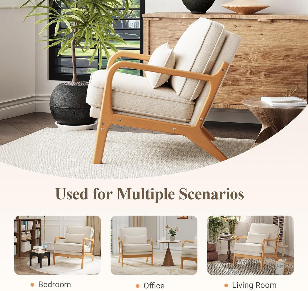 MALOL Mid-Century Accent Chair with Solid Wood Frame, Reading Relaxing Armchair Lumbar Pillow& Soft Cushion, Leisure Chair for Living Room, Bedroom, Waiting Room-Beige