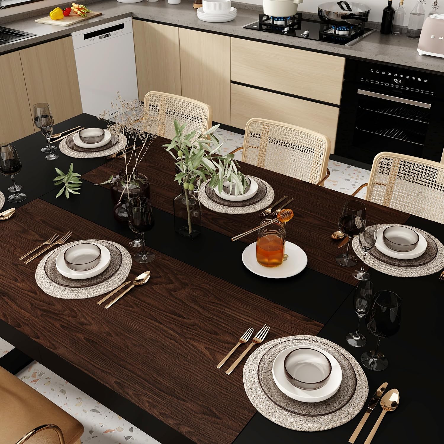 WOODTIME 86.6' W Dining Table for 8-10 People, Versatile Modern Wooden Dinner Table Kitchen Table for Dining Room Conference Room, Black & Brown
