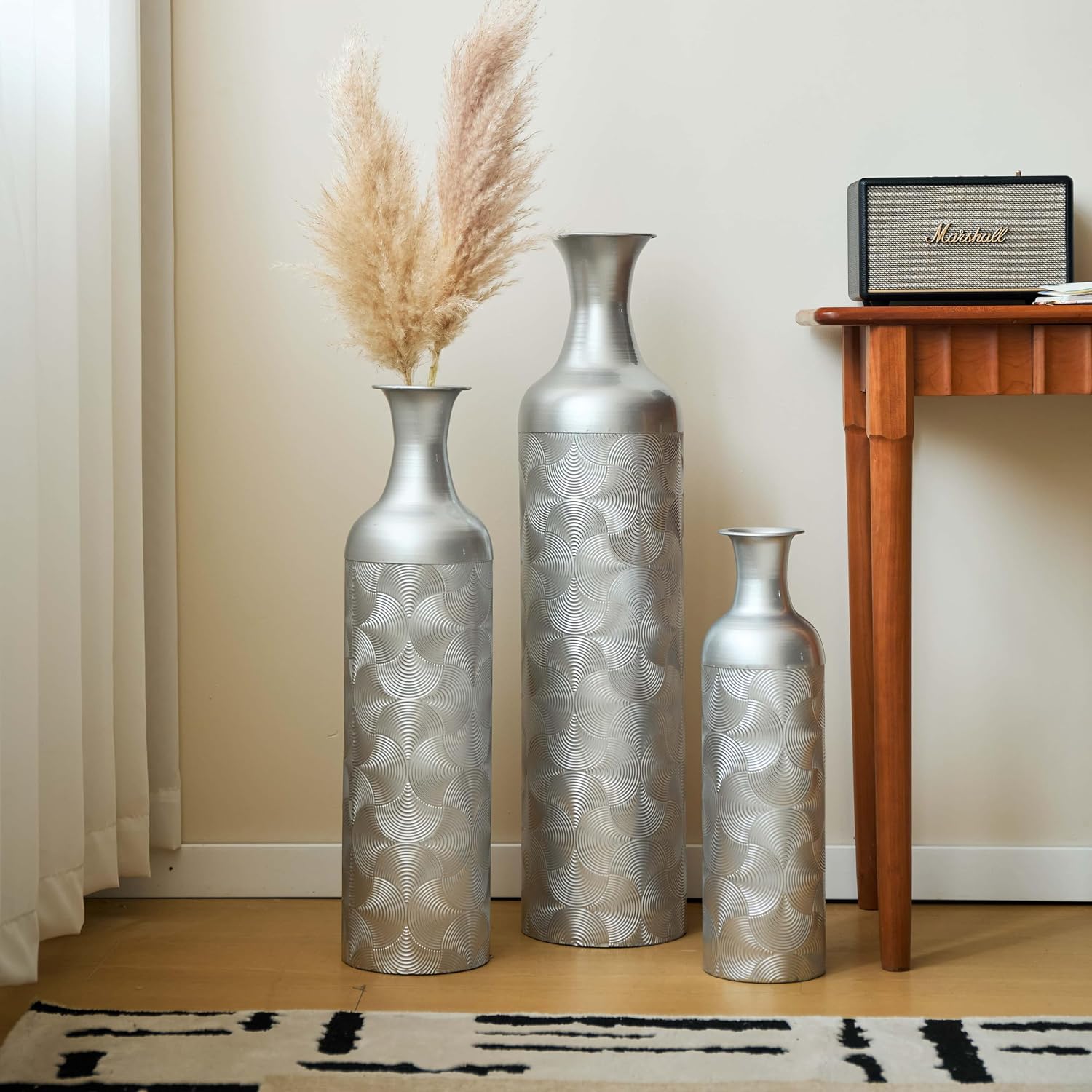 Metal Floor Vases Set of 3, Tall Vase for Floor Decoration with Modern Wave Pattern, Large Decorative Floor Vases for Living Room, Tall Cylinder Flower Vase for Home Office Décor (Silver)