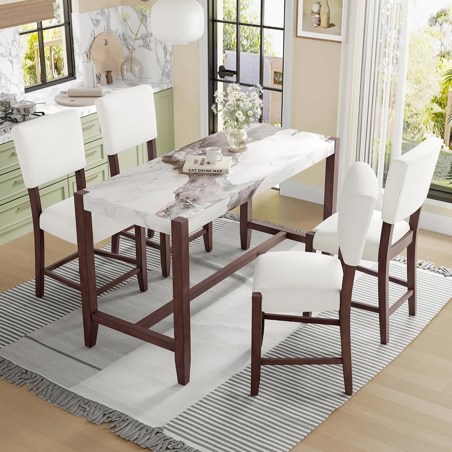 P PURLOVE 5 Piece Kitchen Table Set Counter Height Dining Table Set with Rectangle Table and 4 Cushioned Chairs for Small Place,Pub Kitchen
