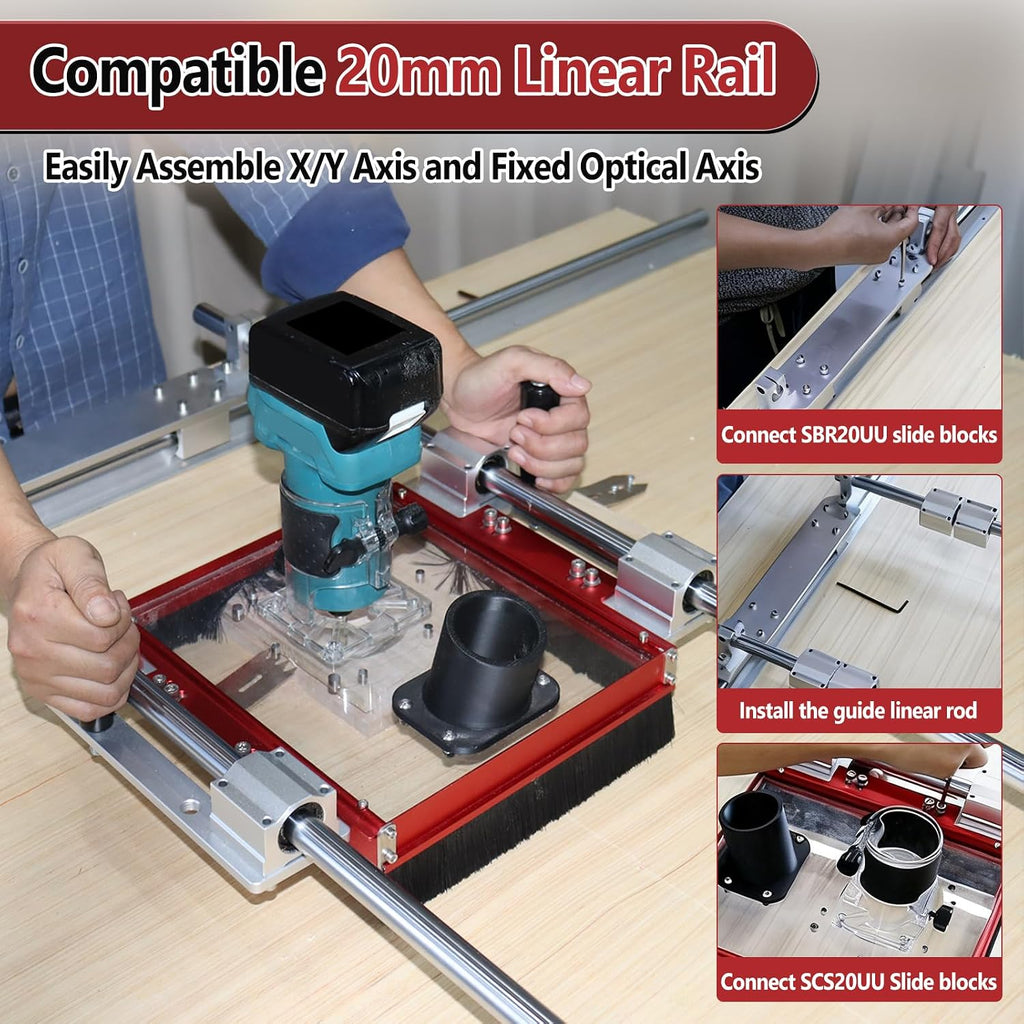 Router Sled Kit with Dust Collection for Slab Flattening Router Sled Fits 20mm Linear Rails & SBR20UU/SCS20UU Slides, Acrylic Base Plate Compatible with Bos-ch,De-W-alt,Ma-kita &Most Routers