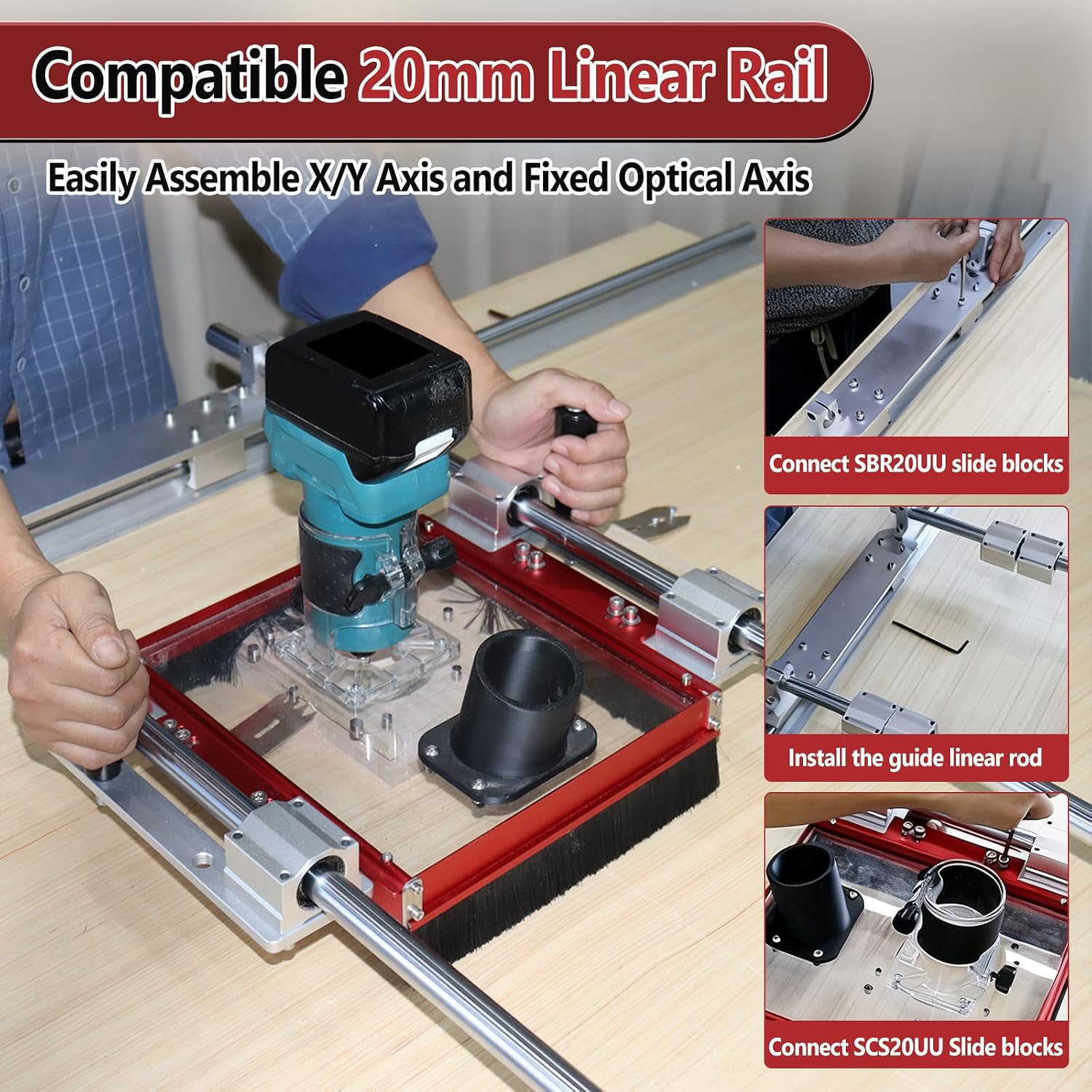Router Sled Kit with Dust Collection for Slab Flattening Router Sled Fits 20mm Linear Rails & SBR20UU/SCS20UU Slides, Acrylic Base Plate Compatible with Bos-ch,De-W-alt,Ma-kita &Most Routers