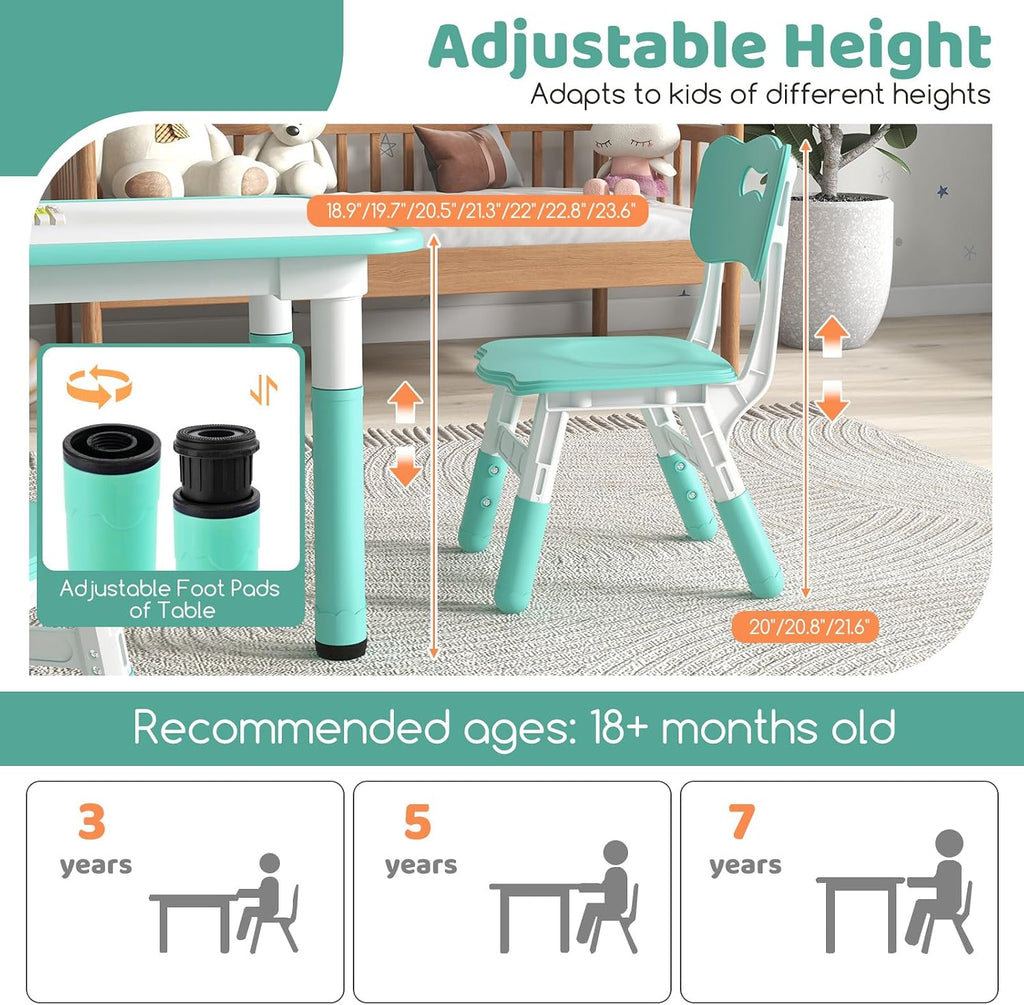 Costzon Kids Table and 4 Chair Set, Height Adjustable Toddler Desk and Chairs with Graffiti Desktop, Non-Slip Legs, Children Art Study Multi-Activity Table Set for Home, Daycare, School (Green)