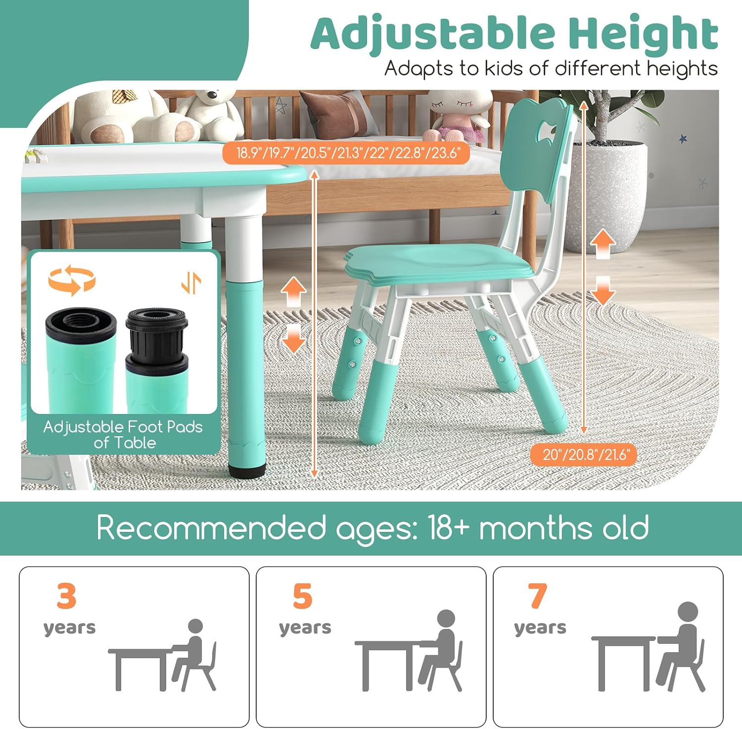 Costzon Kids Table and 4 Chair Set, Height Adjustable Toddler Desk and Chairs with Graffiti Desktop, Non-Slip Legs, Children Art Study Multi-Activity Table Set for Home, Daycare, School (Green)