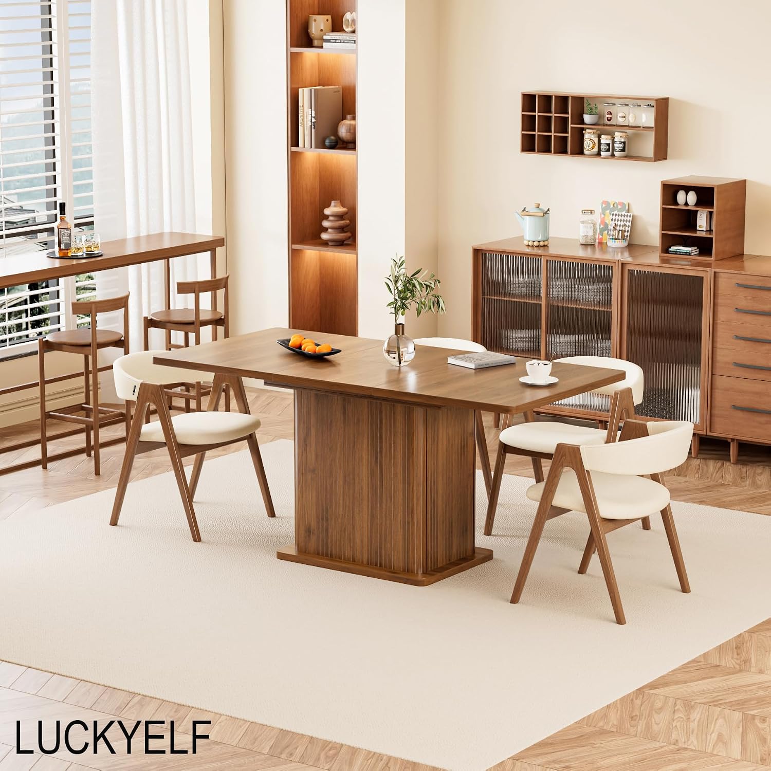 Extendable Kitchen Dining Table for 4-6, 47-65 Inch Rectangle Dining Room Table with 2 Doors, Large Storage, Mid Century Modern Dinner Furniture, Living Room, Space Saving, Square, Fluted, Walnut