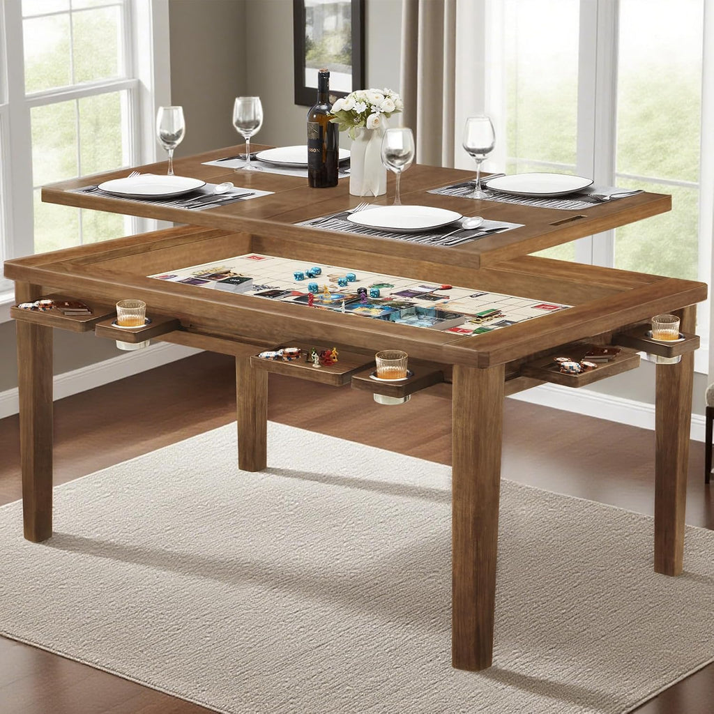 Haddockway 63' ×39' Board Game Table with Removable Top, Solid Wood Dining/Gaming Table for 4-6 Players with Play Mat, 6 Detachable Cup Holders & 6 Hobby Trays (Light Walnut)