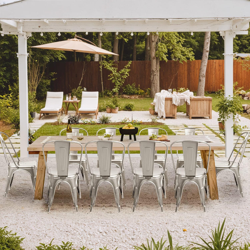 Furmax Metal Dining Chair Indoor Outdoor Use Stackable Classic Trattoria Chair Chic Dining Bistro Cafe Side Metal Chairs Set of 4 (Sliver)