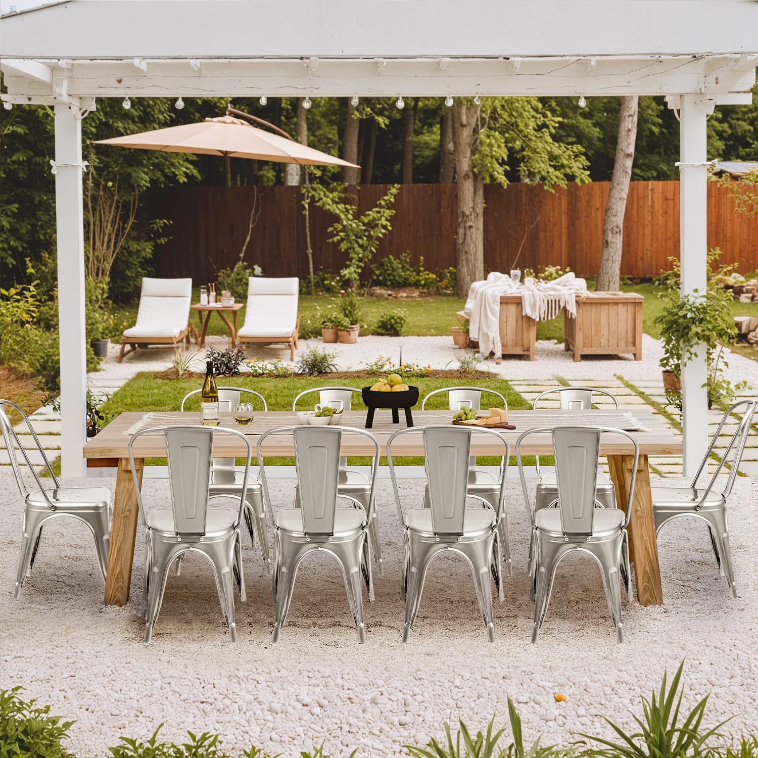 Furmax Metal Dining Chair Indoor Outdoor Use Stackable Classic Trattoria Chair Chic Dining Bistro Cafe Side Metal Chairs Set of 4 (Sliver)