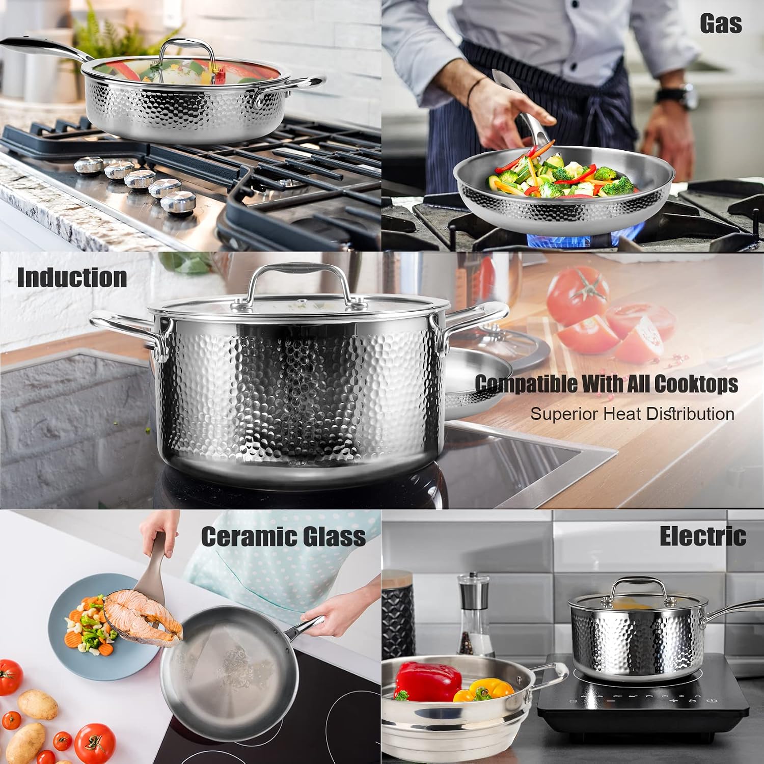 imarku Pots and Pans Set, 14PCS Kitchen Cookware Sets Tri-Ply Clad Stainless Steel with Hangered Handle and Lids, Suits Ceramic and Induction, Oven and Dishwasher Safe, Best Gifts for Women Man