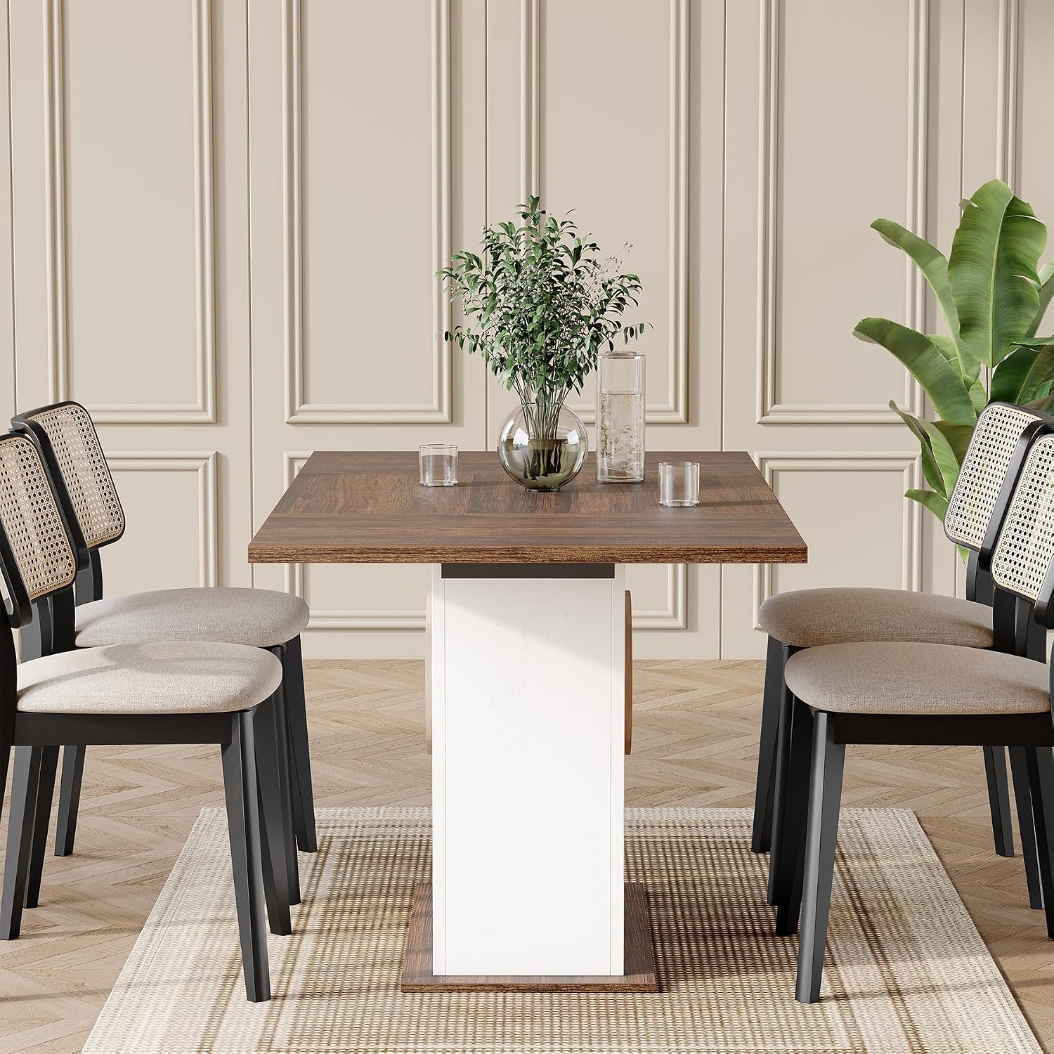 LITTLE TREE Rectangle Dining Table, Modern Kitchen Table Set for 6, Wooden Furniture with Heavy Duty Base, Modern Furniture for Home, Dining Room, Brown & White