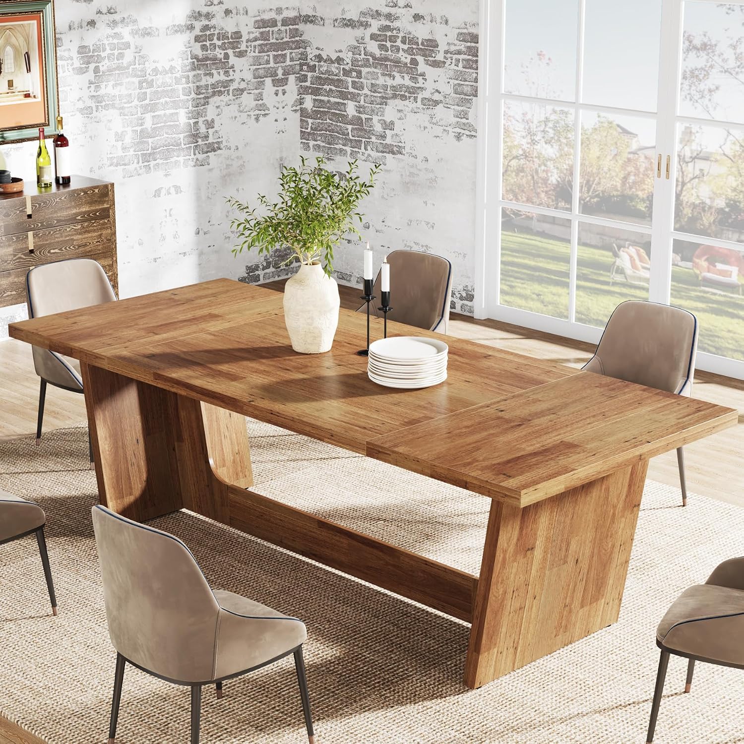 Tribesigns 70.87-Inch Large Dining Table: Wood Long Dining Room Table for 6-8, Rectangular Farmhouse Kitchen Dinner Table with Solid Pedestal, Yellow Brown