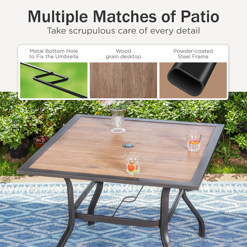 PHI VILLA 37' x 37' Patio Dining Table Outdoor Dining Furniture Umbrella Table with 1.57' Umbrella Hole, Steel Frame with Premium PVC Table Top for Patio, Lawn Garden
