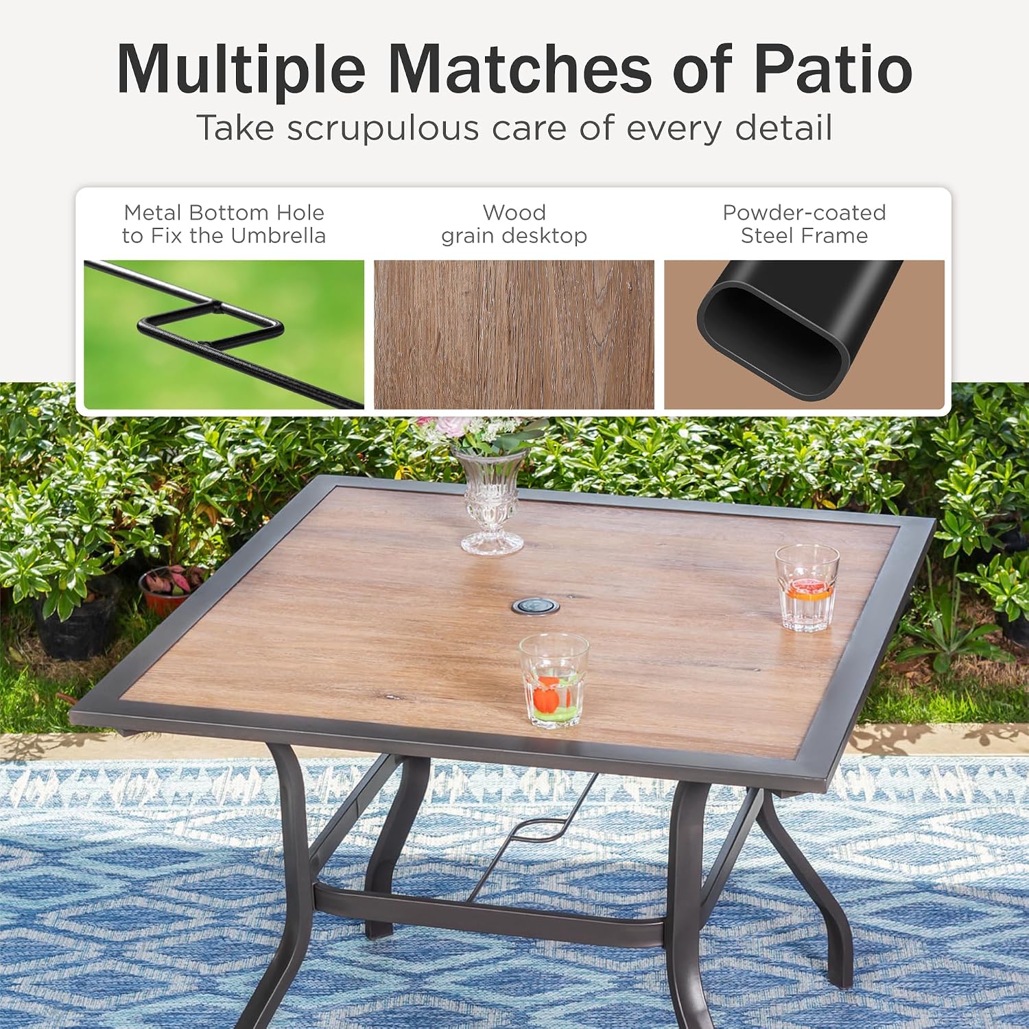 PHI VILLA 37' x 37' Patio Dining Table Outdoor Dining Furniture Umbrella Table with 1.57' Umbrella Hole, Steel Frame with Premium PVC Table Top for Patio, Lawn Garden