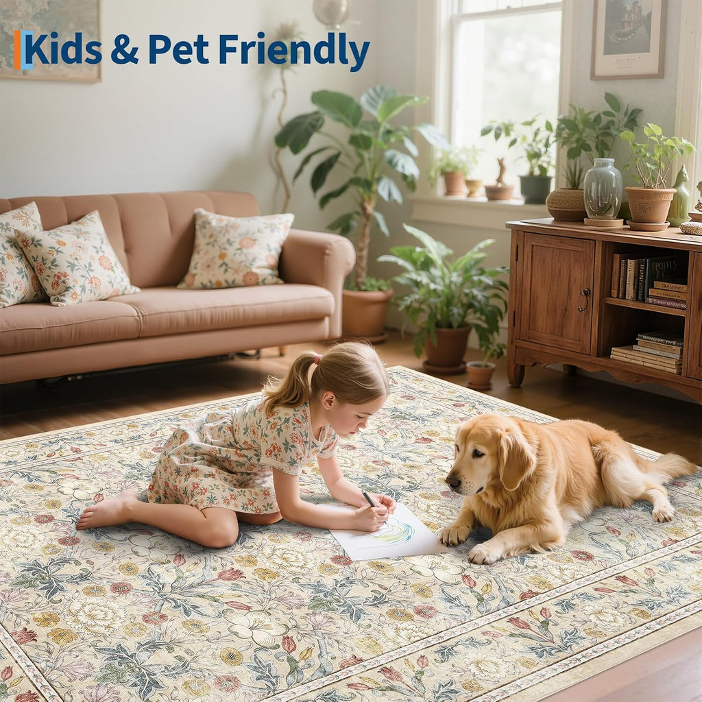 GarveeHome Large Area Rugs 9x12 for Living Room, Beige Floral Washable Rug Soft Non Slip Floor Mat Carpet Indoor Thin Accent Rug for Bedroom Dining Room Playroom Nursery Home Decor
