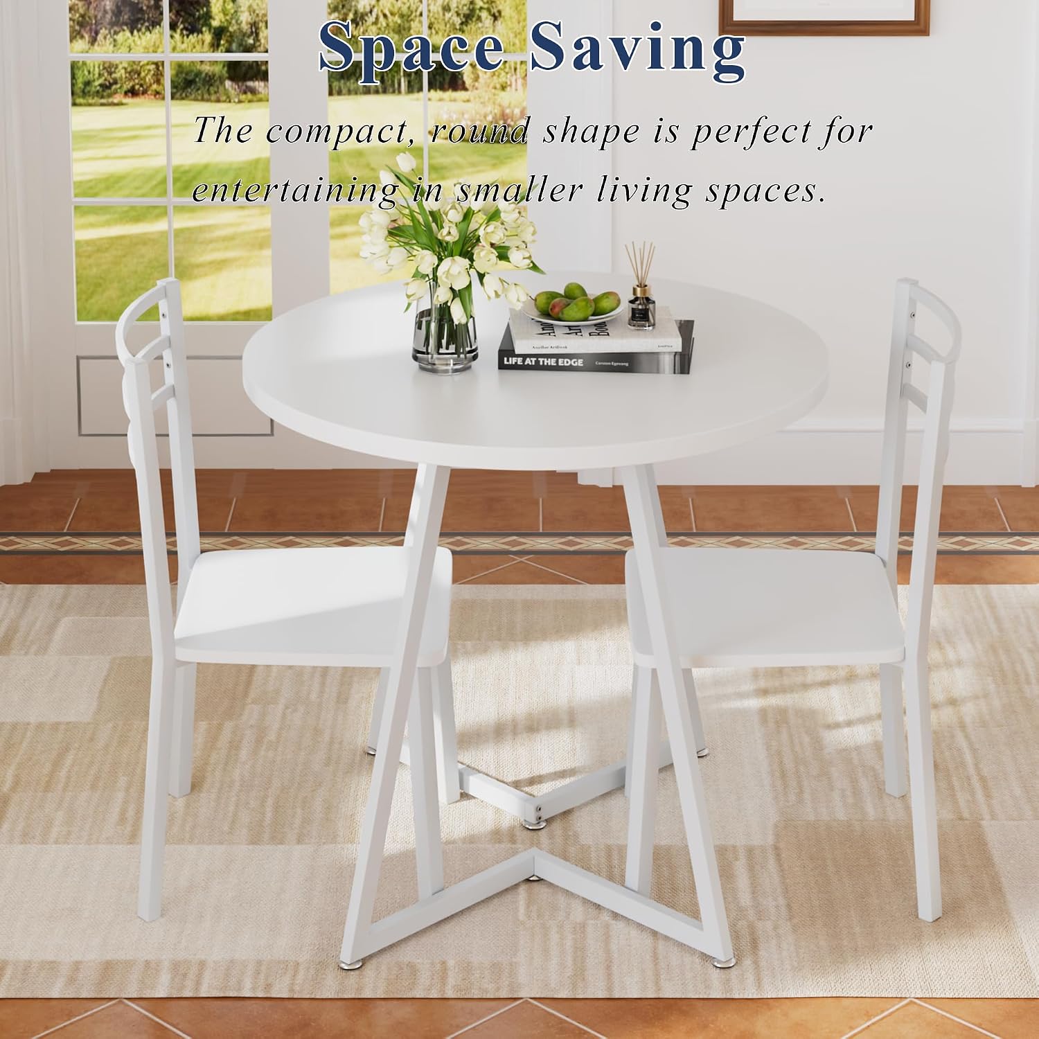VECELO Small Round Dining Table Set for 2, Wood Tabletop with Strong Metal Frame, Modern Dinette with Chairs for Kitchen, Breakfast Nook Living Room, Pure White
