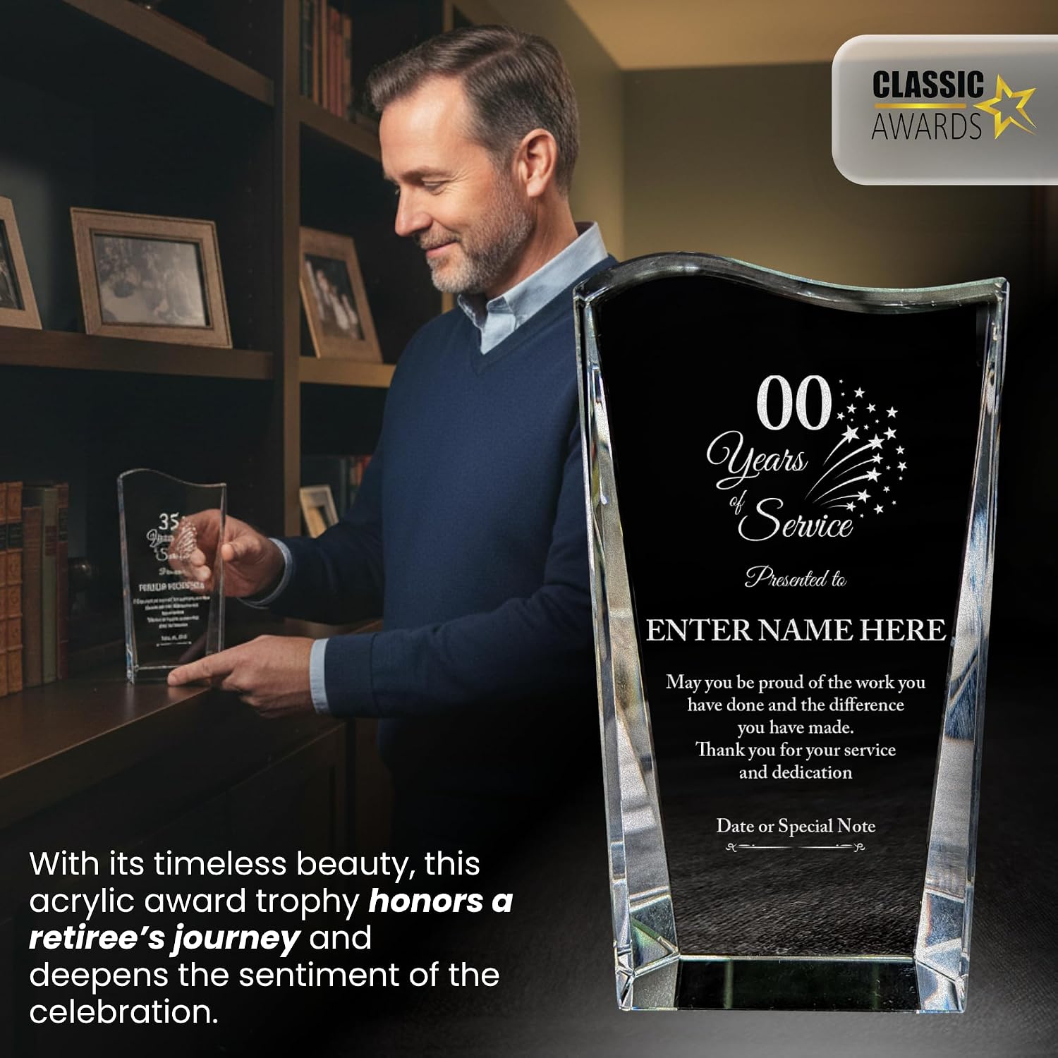 Personalized Acrylic Retirement Gifts For Men and Women, Laser Engraved Custom Trophy for Service Recognition, Years Of Service Retirement Trophy Award for Boss, Employee, Teacher (Crystal Facet Wave)