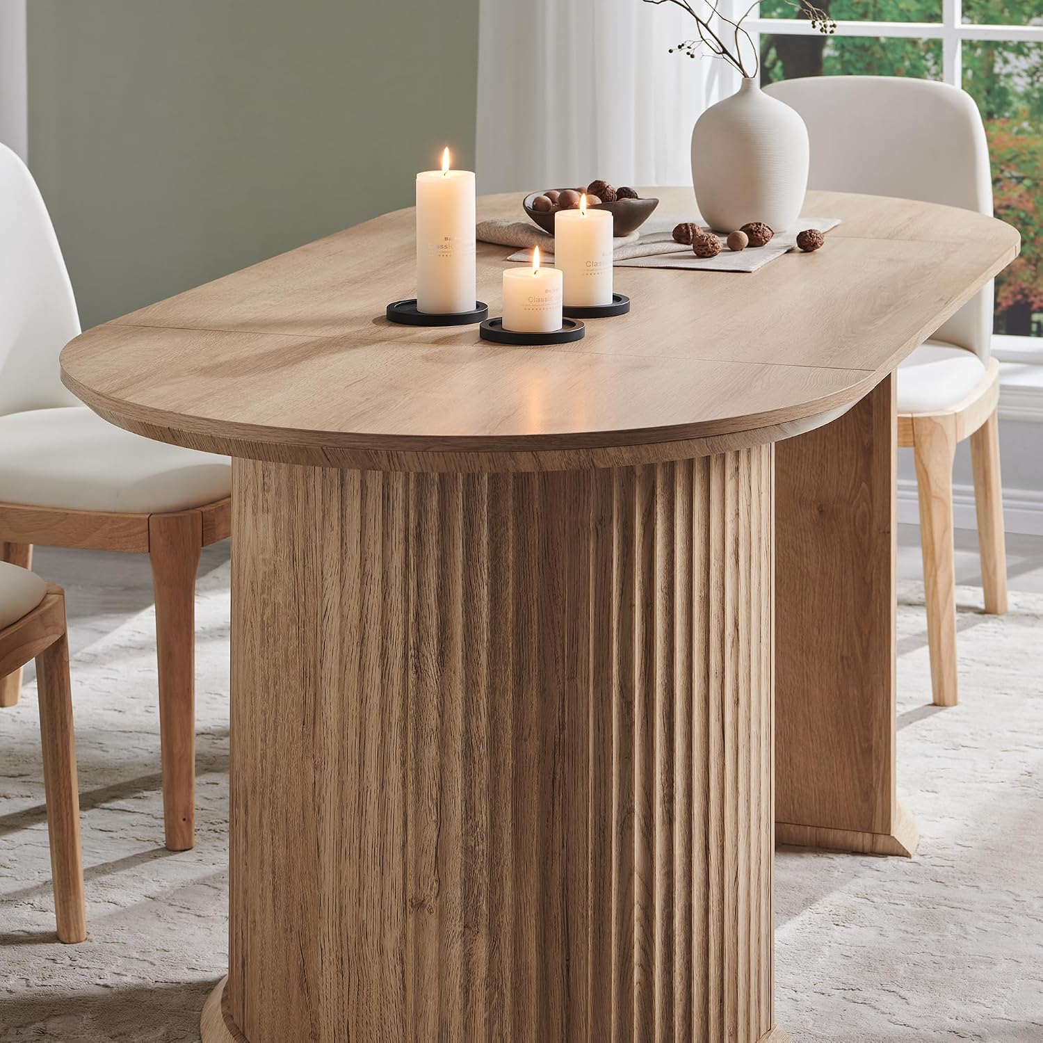 T4TREAM 63' Fluted Oval Dining Table for 4-6, Mid-Century Modern Kitchen Table with Thickened Edge & Semi-Cylindrical Base, Wood Table for Dining Room/Kitchen/Home Office, Natural Oak (Table Only)