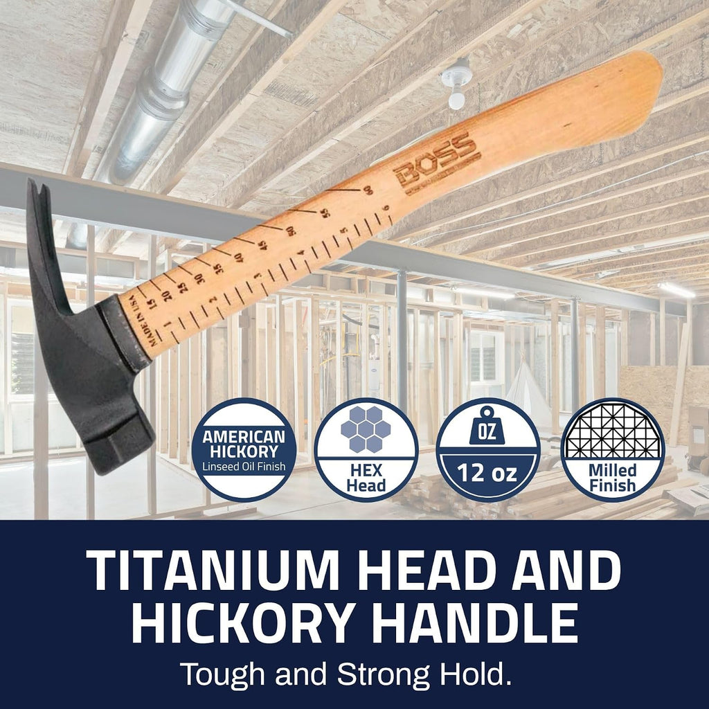 Boss Hammer 12 oz. Ti64 Construction Grade Titanium Hammer - Tennessee Hickory Handle - Framing Square, Rip Claw Design, Magnetic Nail Starter, Milled Face - Made in the USA - BH12TIHI16M