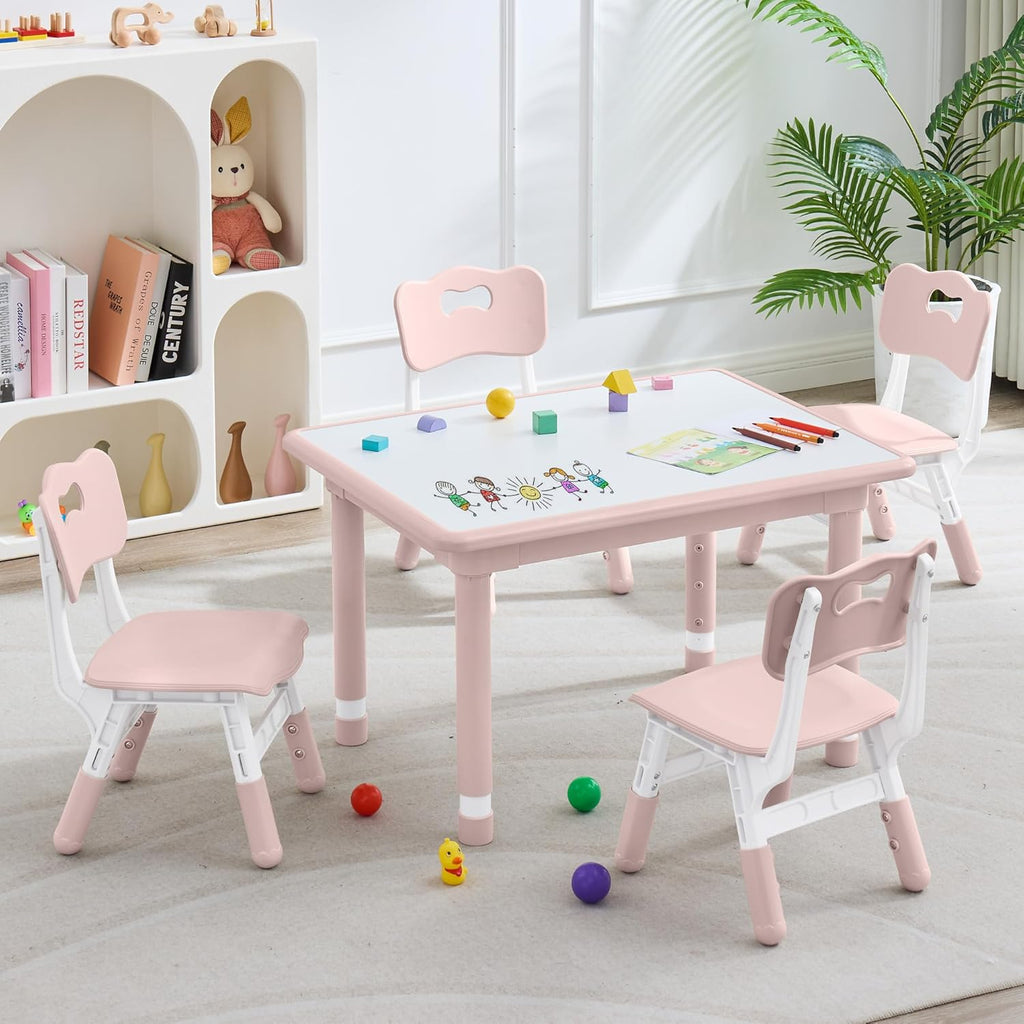 DOREROOM Kids Table and 4 Chairs Set, Height Adjustable (17.7'-26.1') Toddler Table and Chair Set, Multi-Activity Table with Graffiti Desktop, Children's Table and Chairs for Classroom, Home & Daycare