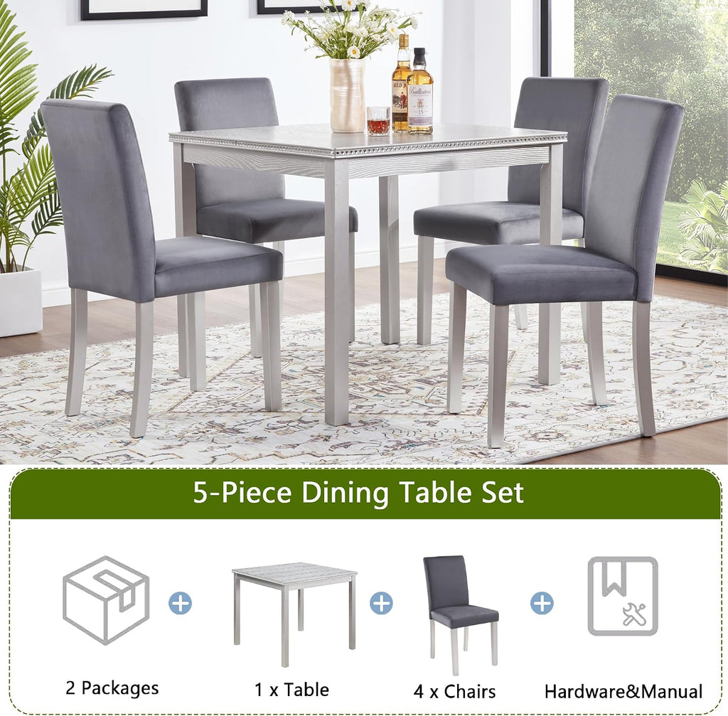 LUMISOL 5 Piece Wooden Dining Table Set, Farmhouse Kitchen Table Set with a Square Table and 4 Upholstered Chairs, Dining Room Table with Crystal Decoration and Chairs Set, Sliver Grey