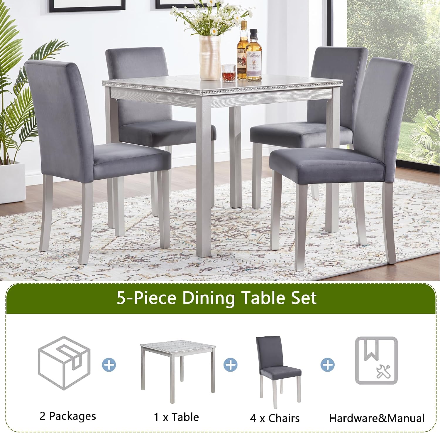 LUMISOL 5 Piece Wooden Dining Table Set, Farmhouse Kitchen Table Set with a Square Table and 4 Upholstered Chairs, Dining Room Table with Crystal Decoration and Chairs Set, Sliver Grey