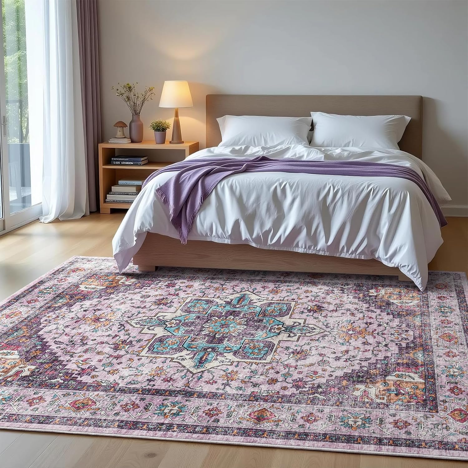 Softlife Washable Area Rug for Living Room, 8x10 Purple Large Boho Accent Rugs for Bedroom Bathroom Kitchen Under Dinning Table, Neutral Non-Slip Carpet for Nursery Kids Laundry Dorm Home Decor