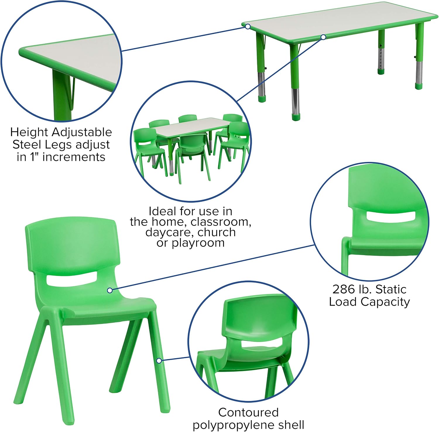 EMMA + OLIVER 23.625' W x 47.25' L Green Plastic Activity Table Set-6 Chairs