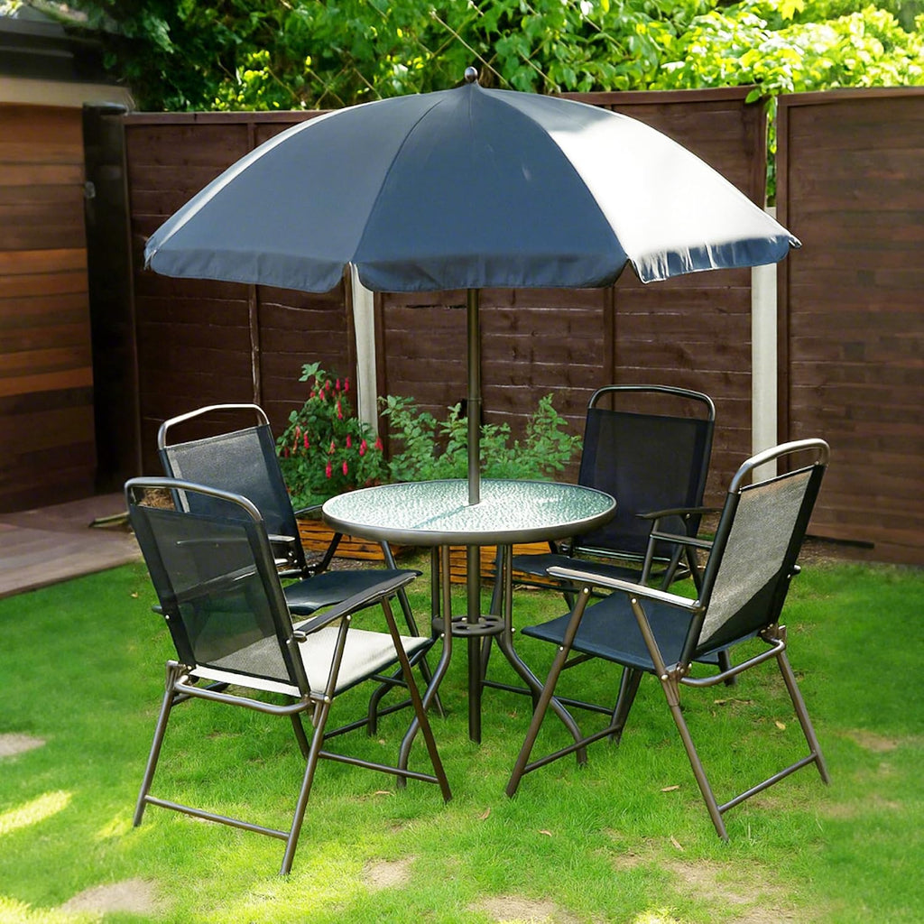 Outsunny 6 Piece Patio Dining Set for 4 with Umbrella, Outdoor Table and Chairs with 4 Folding Dining Chairs & Round Glass Table for Garden, Backyard and Poolside, Black and Coffee