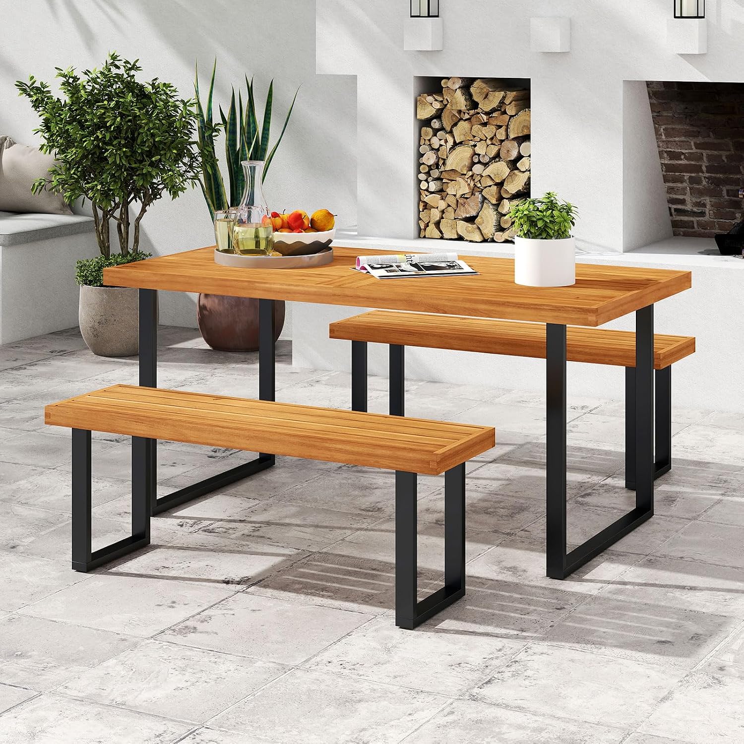HAPPYGRILL Acacia Wood Patio Dining Table with Umbrella Hole (1.97'), Outdoor Wooden Table for 4-6 People, for Backyard Deck Porch