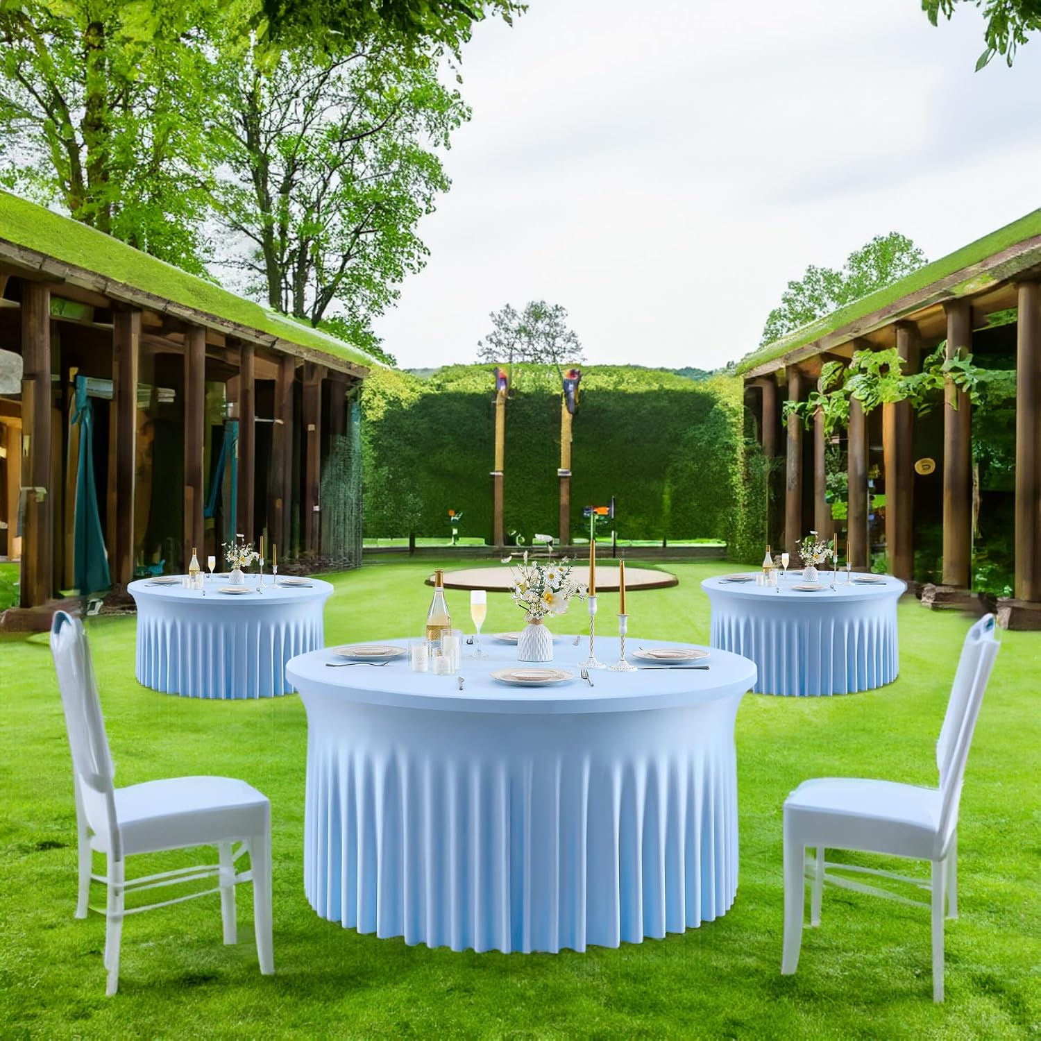 Outpain 6 Pack Spandex Baby Blue Round Tablecloths for 60in Tables, 120Inch Stretchy Fitted 5FT Round Table Clothes,Wrinkle Free Table Cover with Skirt for Wedding Party Dining Banquet