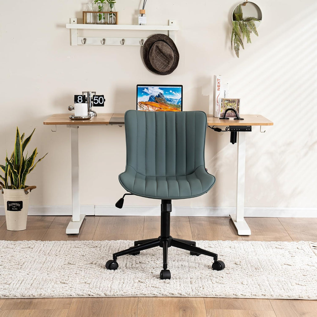 YOUNIKE Ergonomic Armless Office Chair Faux Leather Small Cute Desk Chair with 12° Rocking Back Adjustable Height Swivel Vanity Chair Compact Computer Rolling Task Chair for Small Spaces Greyish Green