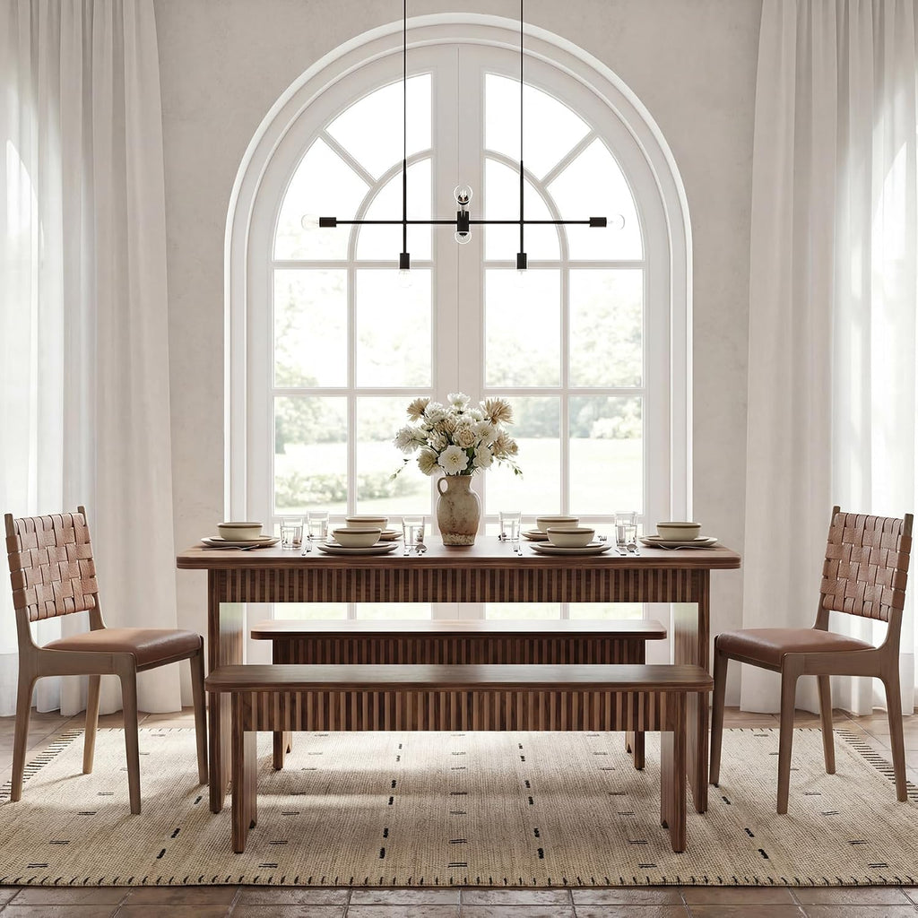 LITTLE TREE 55' Dining Table with 2 Benches, Dining Table Set for 4-6 People, Farmhouse Kitchen Table with Bench, Dining Room Table Set