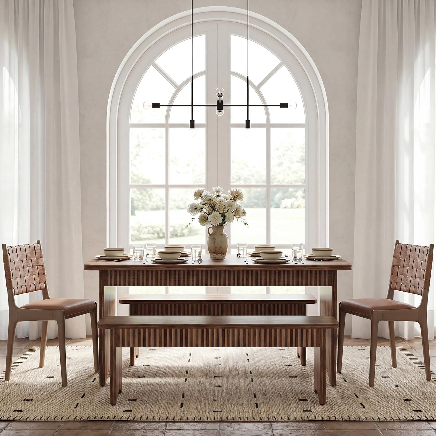 LITTLE TREE 55' Dining Table with 2 Benches, Dining Table Set for 4-6 People, Farmhouse Kitchen Table with Bench, Dining Room Table Set