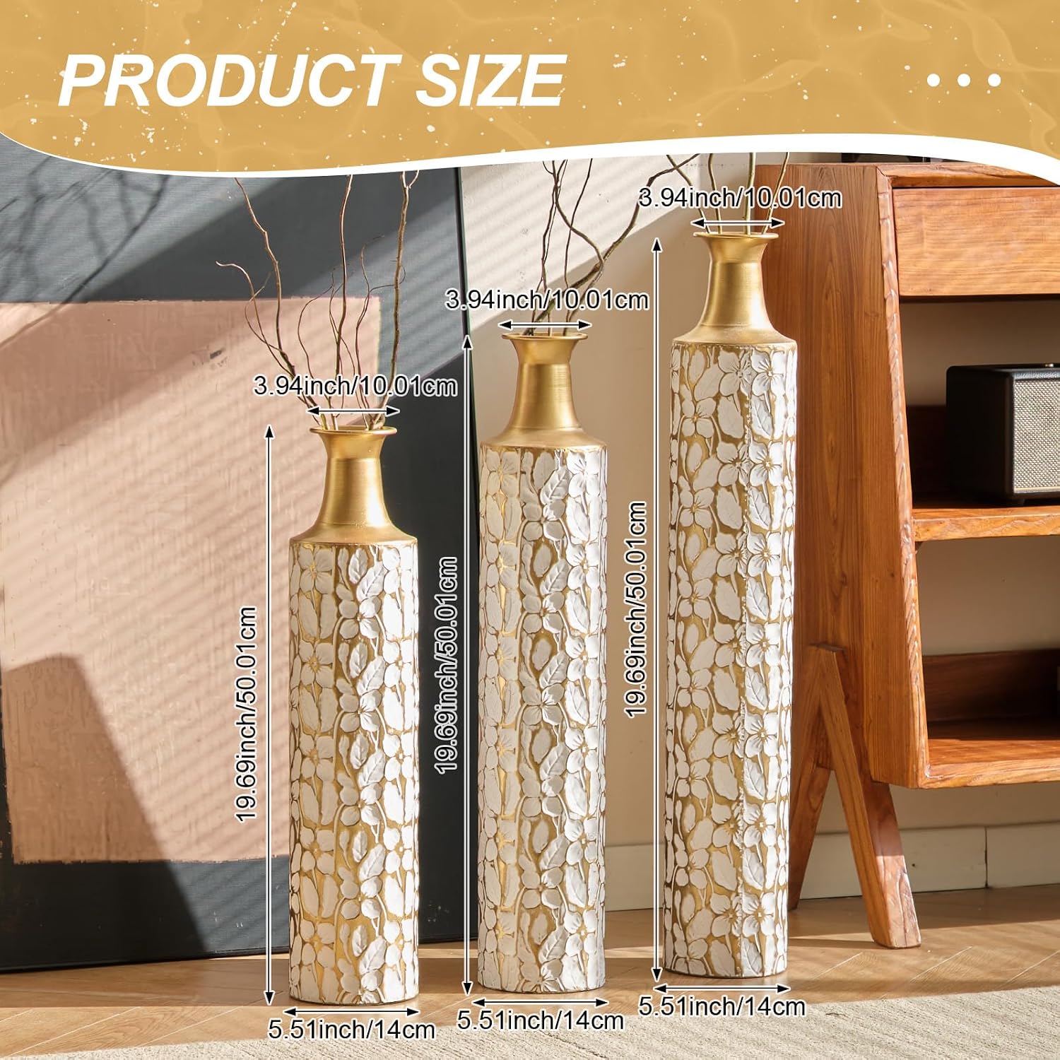 Floor Metal Decorated Vases Set of 3 for Gorgeous Home Decoration Large Glazed Metal Vases (Antique White)
