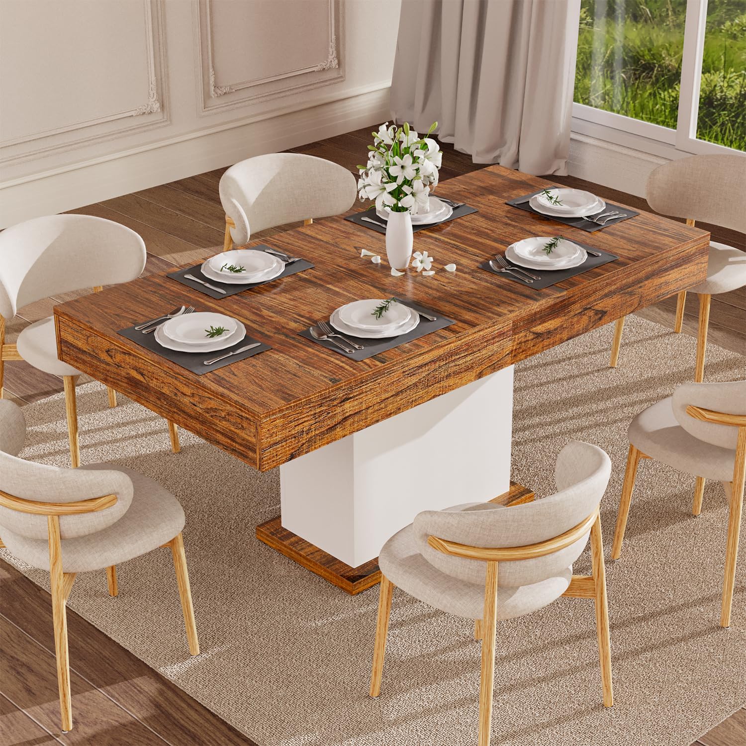 55' Dining Table for 4 to 6 People, Farmhouse Wood Dinner Table with Drawers & Led Lights for Kitchen, Dining Room & Living Room (Oak Brown & White)