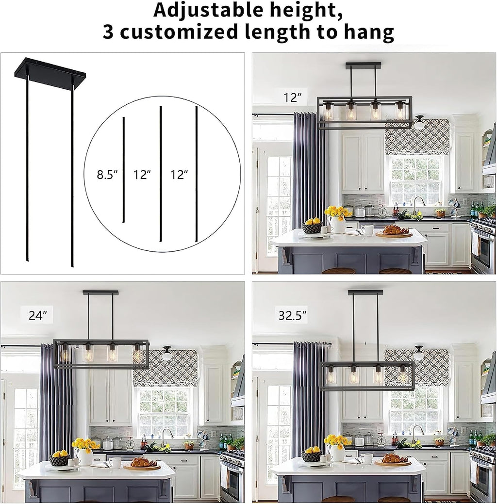 Farmhouse Dining Room Light Fixture - 4 Light Kitchen Island Lighting with Adjustable Height & Thickened Metal Dining Room Light Fixture Over Table，Chandeliers for Dining Room&Kitchen Island