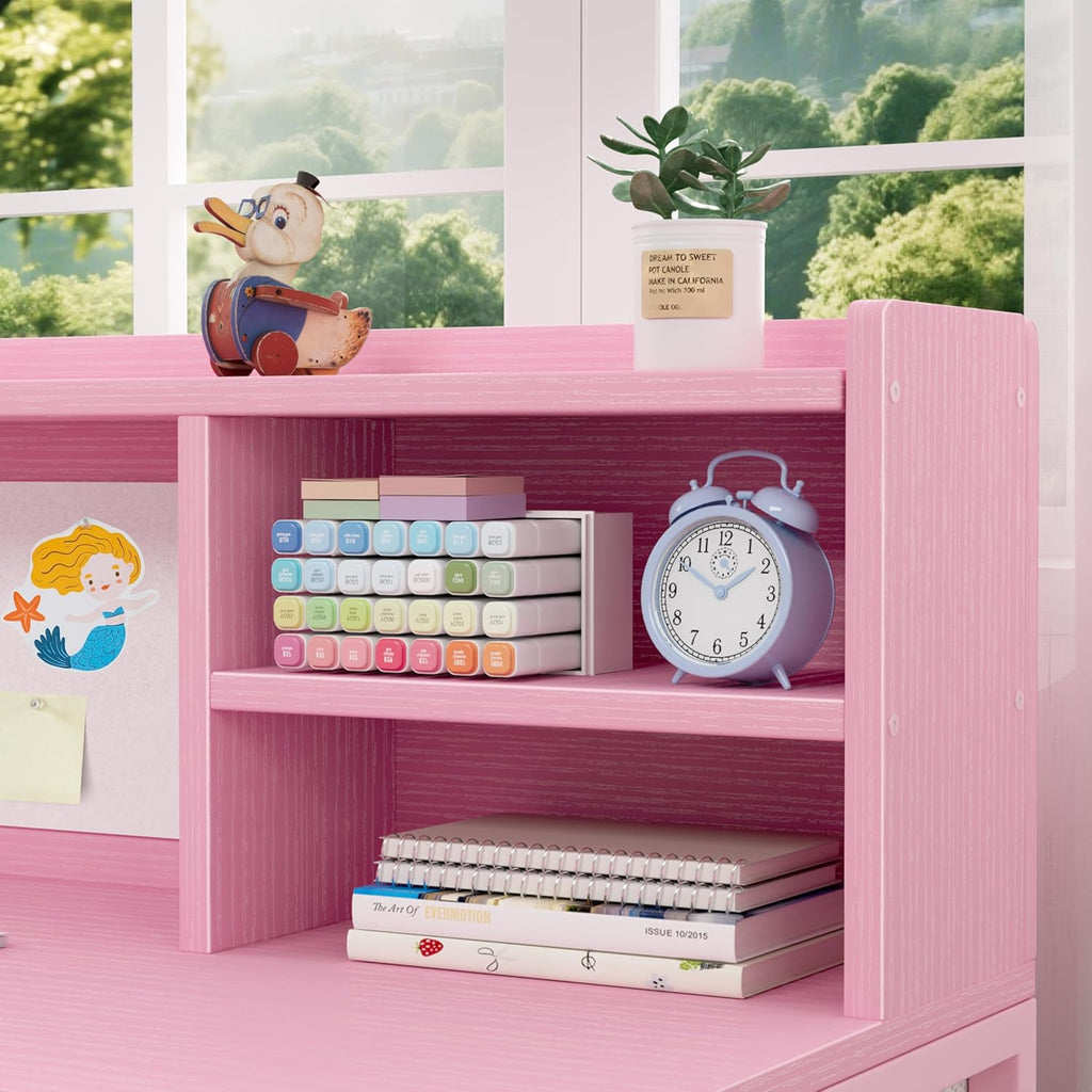 BOLUO Pink Kids Desk and Chair Set for 6-12 Year Old, Children Study Desk with Hutch and Storage Shelf, Student Writing Table with Fabric Drawer for Girls Boys
